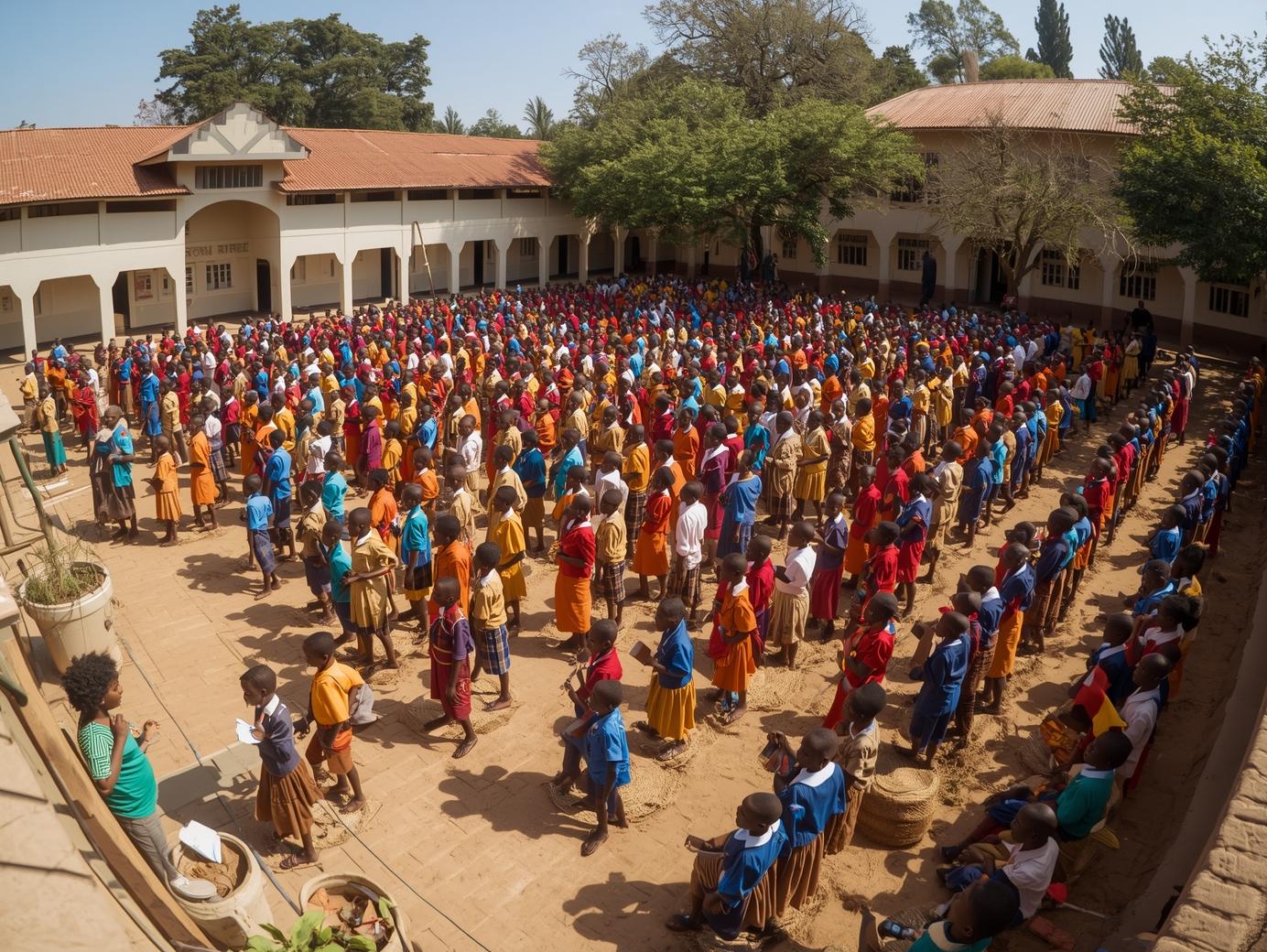African 500+ Students learning in primary school Assembly